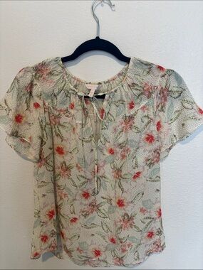Rebecca Taylor 100 Silk cream floral tie-neck blouse with butterfly Sleeves
